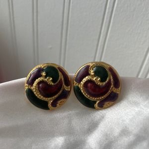 Mosaic Green, Purple, Red Enamel Gold Cloisonne Round Earrings